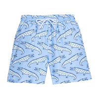 Little English traditional children's clothing. Blue swim trunks with alligator print for little boys for summer