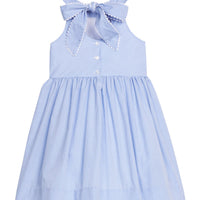 Little English traditional children's clothing. Royal blue mini gingham sleeveless dress with white ricrac trim and bow tie in back for little girls