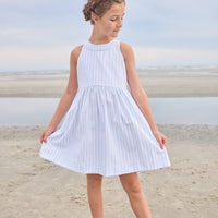Little English traditional children's clothing. Light blue and white Savannah Stripe sleeveless dress with white bow tie in back for little girls