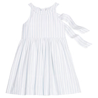Little English traditional children's clothing. Light blue and white Savannah Stripe sleeveless dress with white bow tie in back for little girls