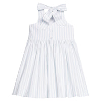 Little English traditional children's clothing. Light blue and white Savannah Stripe sleeveless dress with white bow tie in back for little girls