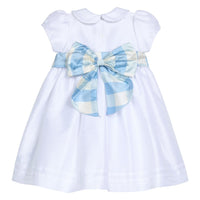 Little English X Luciana Emilia capsule collection bow sash in 100% silk blue check paired with white Peter Pan Formal Dress. Special occasion outfit for girls