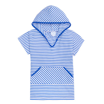 Little English boy's royal blue striped swim coverup, boy's knit pullover with kangaroo pocket