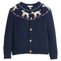 little english classic children's clothing, boys navy fair isle cardigan with lab motif around the collar