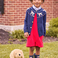 little english classic children's clothing, boys navy fair isle cardigan with lab motif around the collar, Printed turtleneck with navy labs, and red corduroy john john