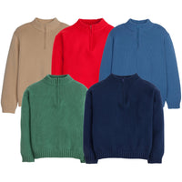 Little English traditional children's clothing. Boys Quarter zip Sweaters in range of colors: hunter green, chestnut brown, navy, stormy blue, and red