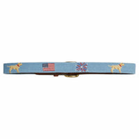 Little English traditional children's clothing. Smathers and Branson Needlepoint belt for boys. Light Blue needlepoint belt for 4th of July for kids