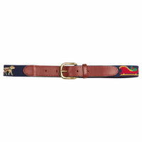 Little English traditional children's clothing. Navy needlepoint belt with labrador rein-dogs and santa's sleigh for the holidays