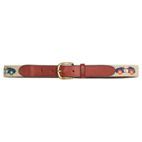 Little English traditional children's clothing. Khaki needlepoint belt for boys with vintage multi-colored race car motifs