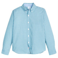 Little English traditional children's clothing. Aqua and white Alpine Gingham classic button down for boys