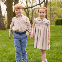Little English traditional children's clothing. Tan and blue Durham Windowpane button down shirt for boys