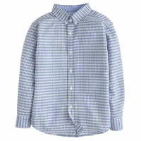 little english classic children's clothing, boys gray blue gingham button down shirt