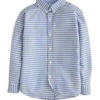 little english classic children's clothing, boys gray blue gingham button down shirt