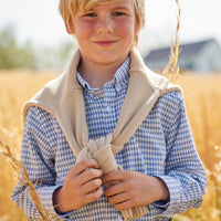 Little English classic tween boys button down shirt in gray blue gingham pattern