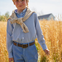 Little English classic tween boys button down shirt in gray blue gingham pattern