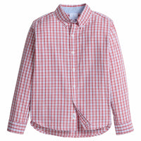 Little English classic kids clothing. Red, white, & light blue plaid button down shirt for Fall. Back to school outfit.