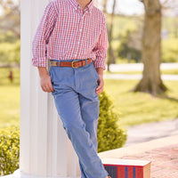 little english classic children's clothing red, white, and light blue hartford plaid for back to school. Classic pant in stormy blue corduroy, plaid lab motif needlepoint belt