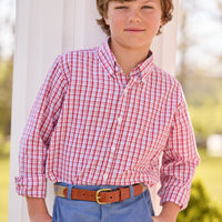 little english classic children's clothing red, white, and light blue hartford plaid for back to school. Classic pant in stormy blue corduroy, plaid lab motif needlepoint belt