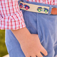 little english classic children's clothing red, white, and light blue hartford plaid for back to school. Classic pant in stormy blue corduroy, vintage racecar needlepoint belt