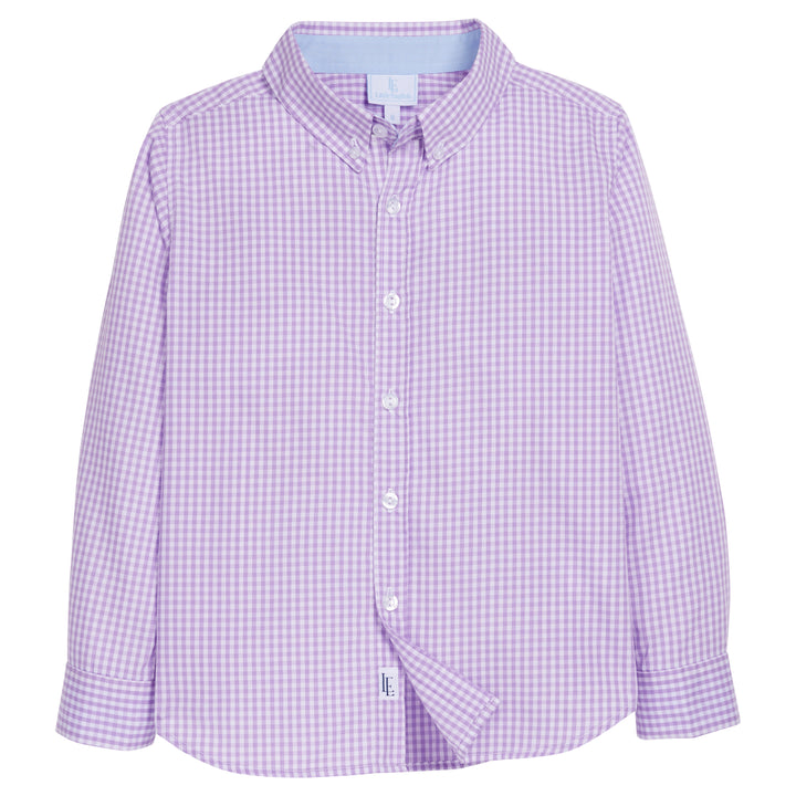 Little English traditional children's clothing.  Lavender gingham button down shirt for boys.  Classic boy's shirt for Spring.