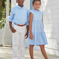 Little English traditional children’s clothing, girl's light blue tiered dress for Spring with ruffles at the collar and sleeves