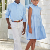 Little English traditional children’s clothing, girl's light blue tiered dress for Spring with ruffles at the collar and sleeves