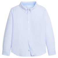 Little English traditional children's clothing. Light blue and white seersucker stripe button down shirt for Spring
