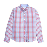 Little English traditional children's clothing. Blue and red Patriotic Plaid button down shirt for boys. 4th of July shirt for boys