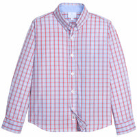 Little English traditional children's clothing. Blue and red Patriotic Plaid button down shirt for boys. 4th of July shirt for boys