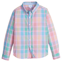 Little English traditional children's clothing. Boy's multicolored plaid button down shirt for Summer. Preppy shirt for boys