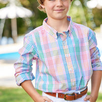 Little English traditional children's clothing. Boy's multicolored plaid button down shirt for Summer. Preppy shirt for boys
