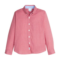 Little English traditional children's clothing. Red and white mini gingham classic button down shirt for boys