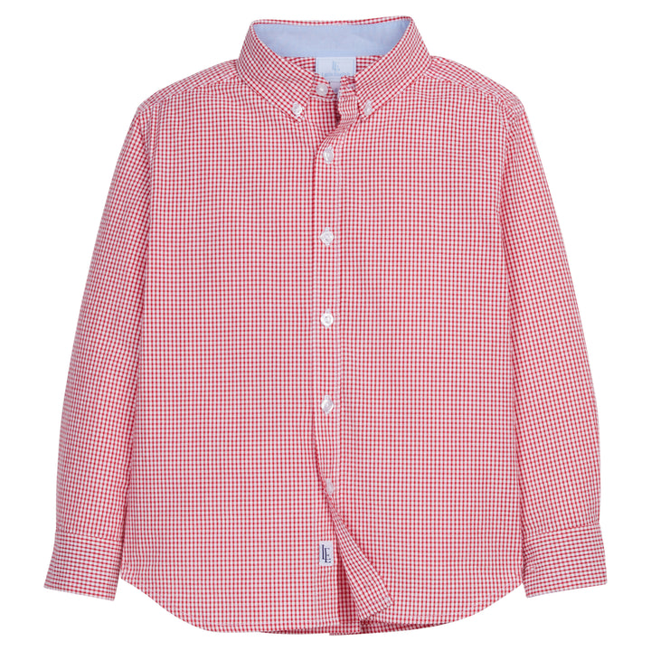 Little English boy's red seersucker gingham button down for summer, classic children's clothing