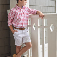 Little English traditional children's clothing. Red Windowpane button down shirt for boys.