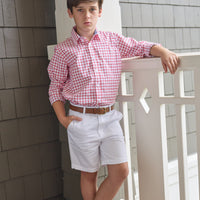 Little English traditional children's clothing. Red Windowpane button down shirt for boys.