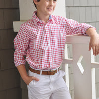 Little English traditional children's clothing. Red Windowpane button down shirt for boys.