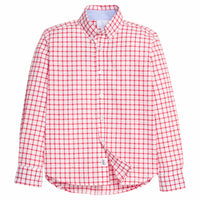 Little English traditional children's clothing. Red Windowpane button down shirt for boys.
