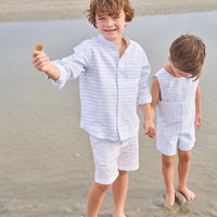 Little English traditional children's clothing. Mandarin collar button down shirt for boys with light blue and white stripes