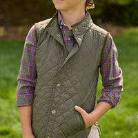 Little English traditional children's clothing. Classic quilted vest in olive with corduroy detailing. Unisex vest for kids. Boys button down in olive, maroon, and blue plaid