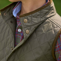 Little English traditional children's clothing. Classic quilted vest in olive with corduroy detailing. Unisex vest for kids