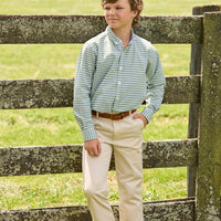 Little English traditional children's clothing. Green Watercress Gingham button down with tan Pebble Twill Classic Pants for boys