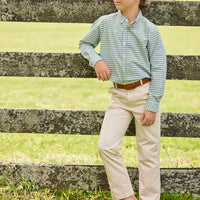 Little English traditional children's clothing. Green Watercress Gingham button down with tan Pebble Twill Classic Pants for boys