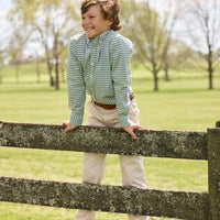 Little English traditional children's clothing. Green Watercress Gingham button down with tan Pebble Twill Classic Pants for boys