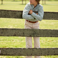 Little English traditional children's clothing. Green Watercress Gingham button down with tan Pebble Twill Classic Pants for boys