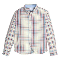 Little English traditional children's clothing. Brown, pink, and blue Durham Windowpane classic button down shirt for boys