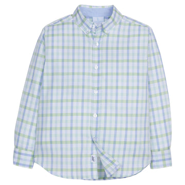 Little English traditional boy's button down for spring, blue and green plaid shirt