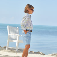 Little English classic children's clothing, boy's traditional short with zipper and belt loops in light blue twill for spring