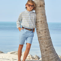 Little English classic children's clothing, boy's traditional short with zipper and belt loops in light blue twill for spring