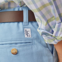 Little English classic children's clothing, boy's traditional short with zipper and belt loops in light blue twill for spring