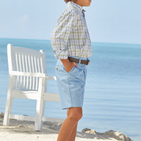 Little English classic children's clothing, boy's traditional short with zipper and belt loops in light blue twill for spring